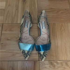 Teal Metallic Strap Pointed Flats in Snake Print